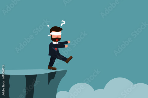 A blindfolded businessman walks towards a cliff. The concept of traveling without a plan or goal can lead to disaster or danger. A businessman who walks towards failure without realizing it