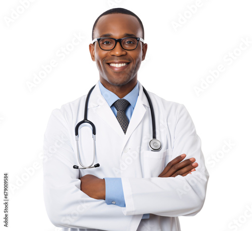a portrait of arms crossed doctor showing pride in his profession or job isolated on a transparent background, a professional African American doctor with a Stethoscope and uniform photo or image PNG