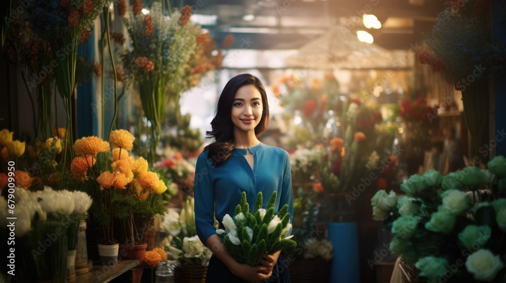 Young attractive Asian florist shop owner holding beautiful floral bouquet standing in front of botany shop, small business entrepreneur female working and selling flowers to customers on sunny day
