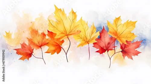 Autumn Festival Watercolor Background with Hand-Painted Maple Leaves.