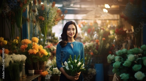 Young attractive Asian florist shop owner holding beautiful floral bouquet standing in front of botany shop, small business entrepreneur female working and selling flowers to customers on sunny day © Rakchanika
