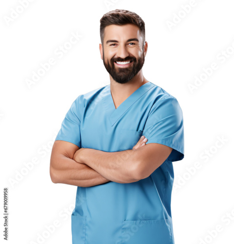 a portrait of arms crossed male nurse showing pride in his profession or job isolated on a transparent background, a professional and handsome nurse with a uniform photo PNG © graphicbeezstock