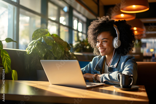 A Happy Young Afro American Woman in a Cafe with a Laptop and Headphones