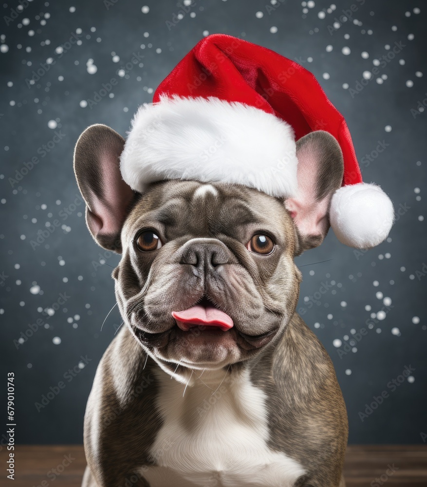French Bulldog Happy smiling puppy dog is wearing a Christmas Santa hat
