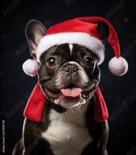 French Bulldog Happy smiling puppy dog is wearing a Christmas Santa hat © suthiwan