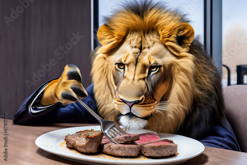食卓で肉料理を食べるライオンのオス photo