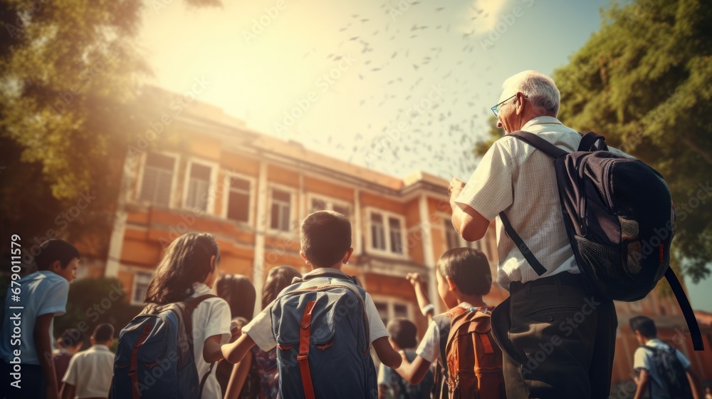 Senior grandparent picking up grandchildren after school. Senior grandparent picking up grandchildren after school.