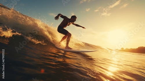 Silhouette of young man playing surfboard at the sea, vacation on summer.