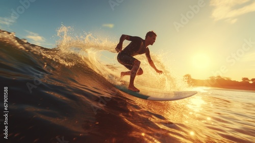 Silhouette of young man playing surfboard at the sea, vacation on summer. © sawitreelyaon