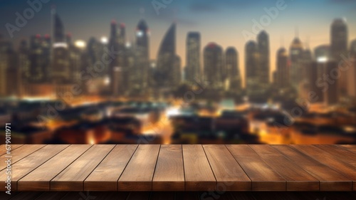 The empty wooden table top with blur background of cityscape. Exuberant image. generative AI