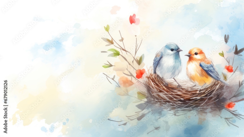 Two birds in a nest. Easter watercolor illustration. Card background frame. Copy space.