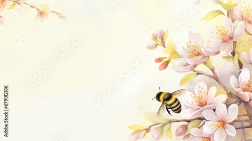 Bee and spring flowers. Easter watercolor illustration. Card background frame. Copy space. © keystoker