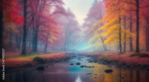 landscape in fabulous forest with fog background autumn fantasy