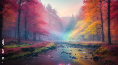 landscape in fabulous forest with fog background autumn fantasy