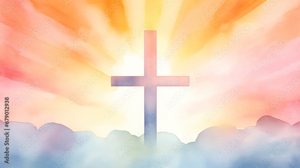 Cross on the background of dawn. Easter watercolor illustration. Card background frame.