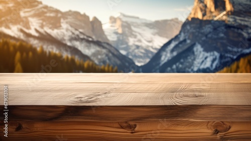 The empty wooden brown table top with blur background of dolomite mountain. Exuberant image. generative AI