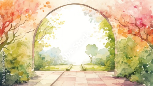 Arch and spring nature. Easter watercolor illustration. Card background frame.