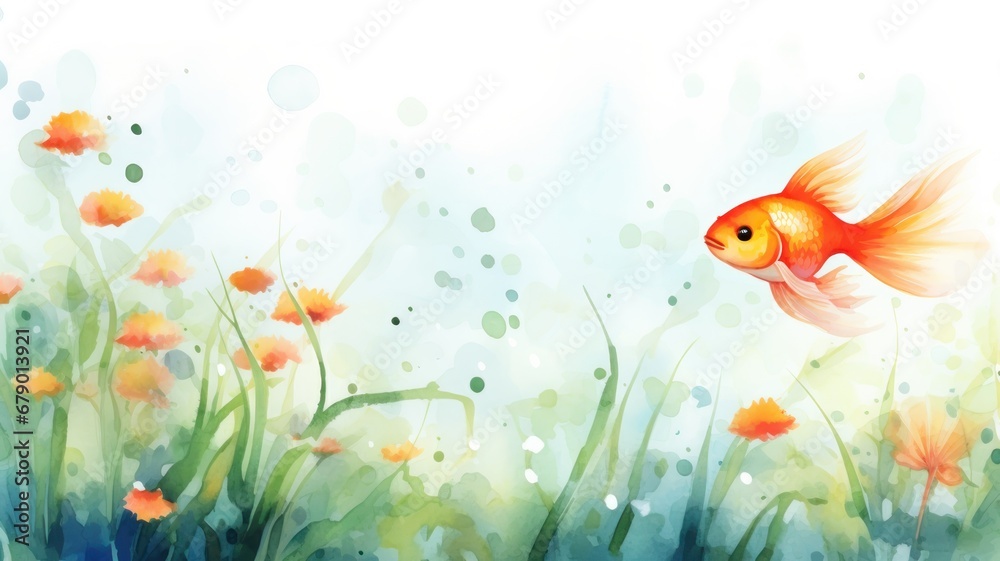 Goldfish watercolor illustration. Card background frame. Copy space.