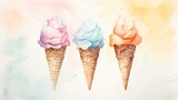 Colorful ice cream with different flavors watercolor illustration. Card background frame.