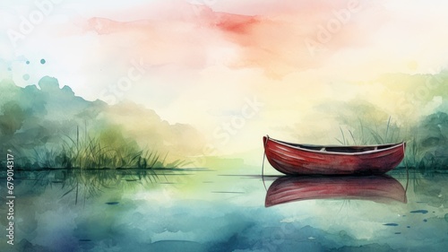Boat and landscape watercolor illustration. Card background frame. Copy space.