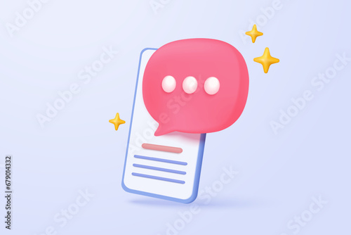 3D speech bubbles on mobile phone with alert notice. Comment 3d or user reply sign, reminder chat message push on social media. 3d speech icon vector with shadow render illustration