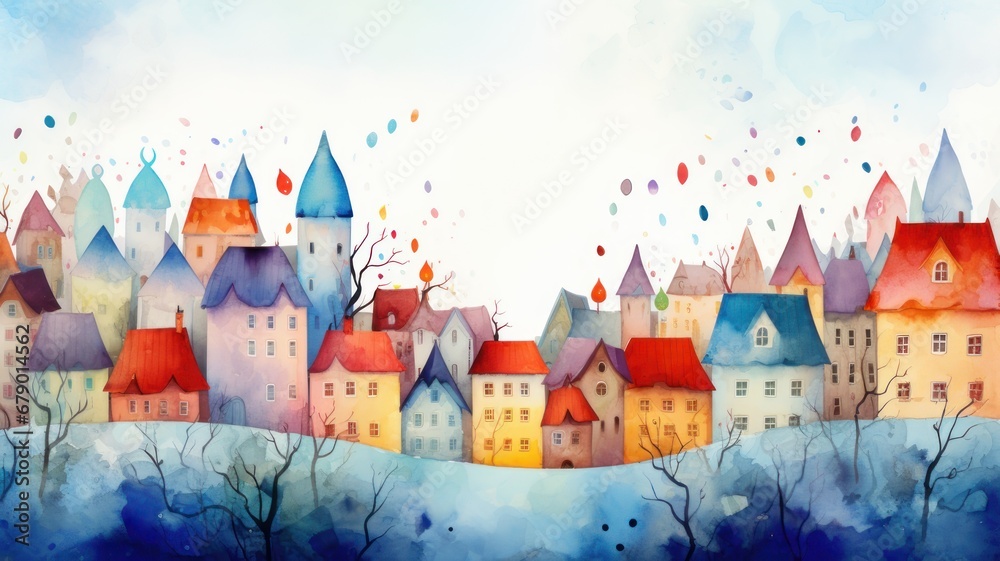 Houses and spring landscape watercolor illustration. Card background frame.