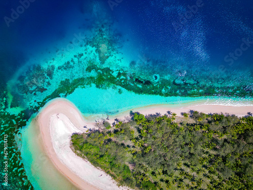Top down view of tropical beach with palm trees, white sand and corals in the shallow turquoise water. Blue Lagoon, Yasawa Islands, Fiji.  photo