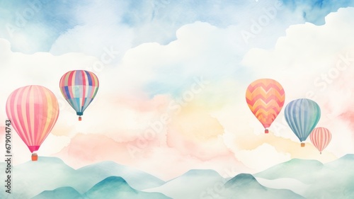 Balloons watercolor illustration. Card background frame. Copy space.