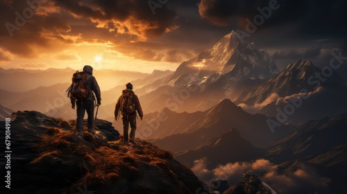 Silhouette of two man trekking in the mountains. Adventure and travel 