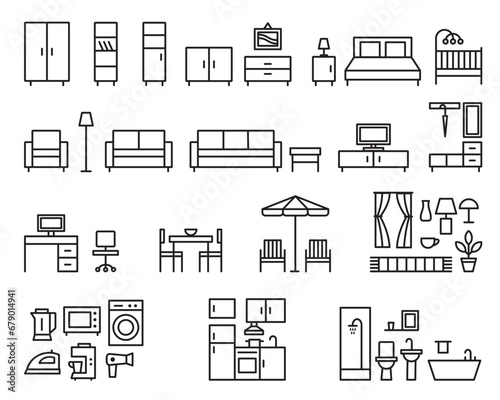 Furniture icons outline vector illustration set 1