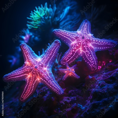 UV blacklight of two starfish in underwater © Lerson