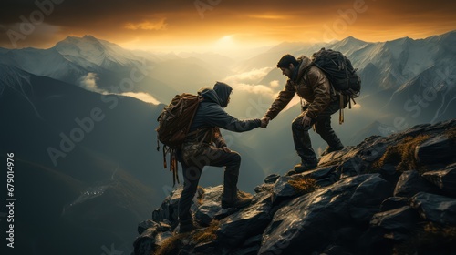 Two man working as a team climbing up to top of mountain. Team work concept.