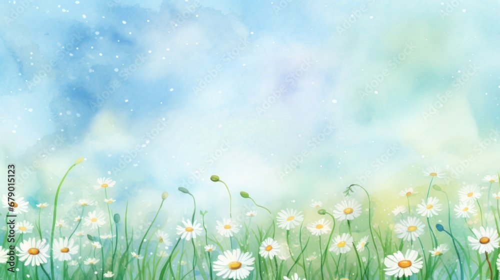 A field with daisies watercolor illustration. Card background frame. Copy space.