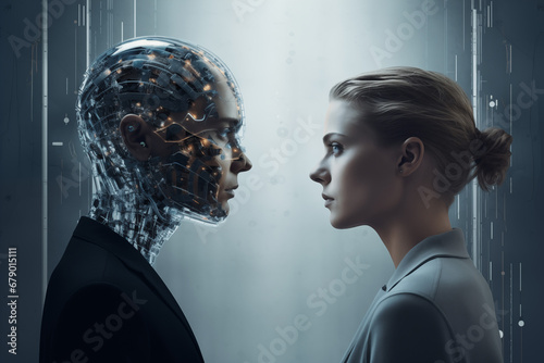 A woman opposite the AI - confrontation between humanity and artificial intelligence photo