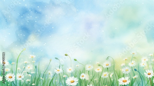 A field with daisies watercolor illustration. Card background frame. Copy space.