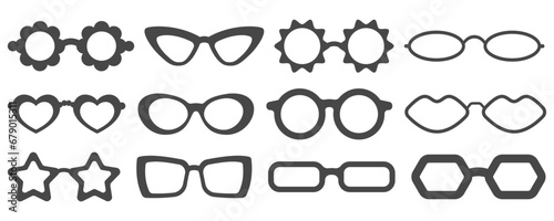 Groovy vector sunglasses. Retro hippy eyewear. Heart star and flower-shaped glasses. 70s funky design. Set of summer outfit