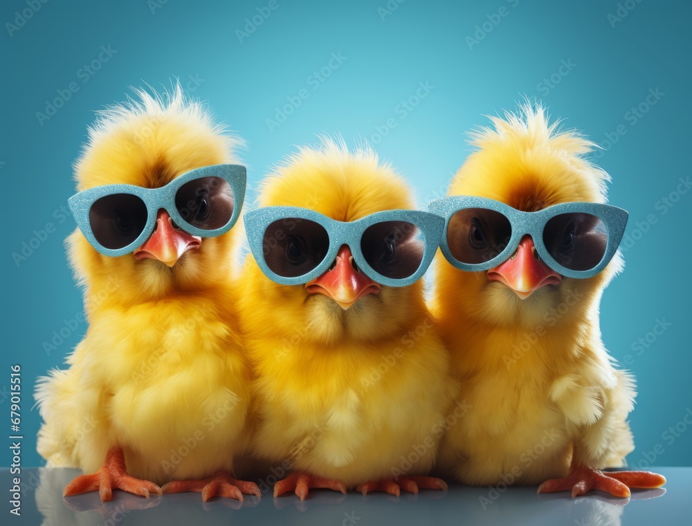 Three chicks with sunglasses isolated on studio blue background.