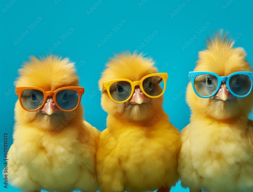 Three chicks with sunglasses isolated on studio blue background.