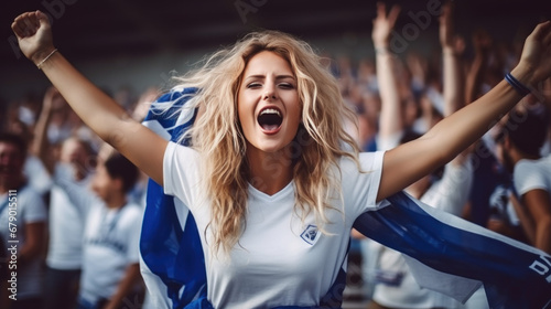 A female sports fan is happy with a group of friends, many cheering together happily and excited to watch their favorite football team. Cheering sports fans wear blue and white cheer team shirts. photo