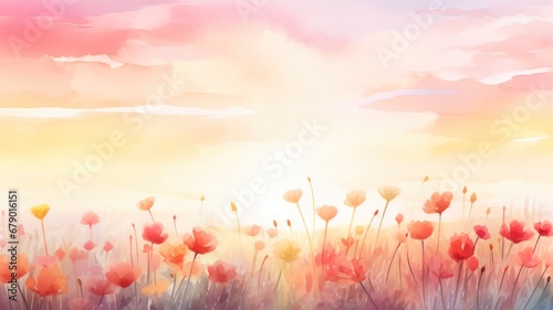Spring flowers. Easter watercolor illustration. Card background frame. Copy space. © keystoker