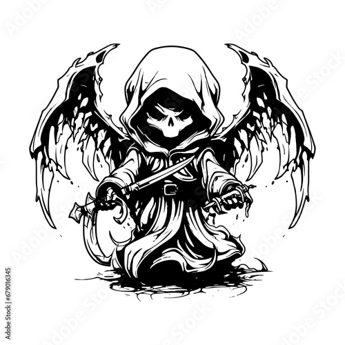 cute Grim reaper cartoon characters . Halloween concept . Isolate white background . Vector