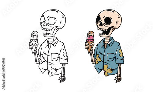 Line art of skeleton chilling out on summer day. Vector illustration for coloring book, coloring pages, etc