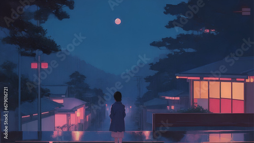 Japanese in 1980 at night, in 1980s city pop style, japanese culture, city pop, sad mood, melancholic mood suggestive of loneliness and anticipation. painting art photo