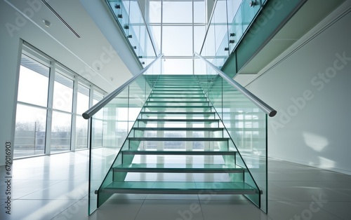 Glass Staircase in a Modern Building: A sleek glass staircase in a contemporary architectural setting.