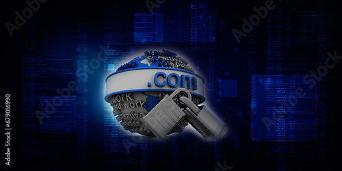 3d illustration globe with word dot com protection lock photo