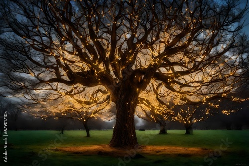 A tree without leaves decorated with lights 