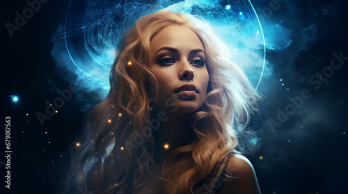 Blonde girl  Pleiadian  against the backdrop of space.