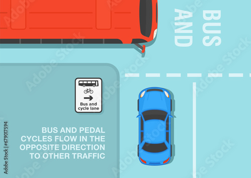 Safe driving tips and traffic regulation rules. Bus and cyclists flow in the opposite direction to traffic. Top view. Flat vector illustration template.