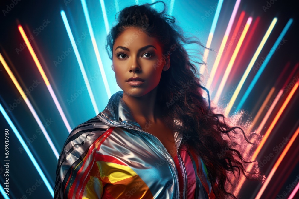 Colorful Lights Illuminate a Confident Hispanic Woman Generative AI Colorful Lights Illuminate a Confident Hispanic Woman Generative AI