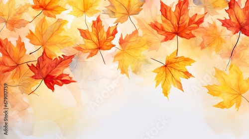 Autumn Festival Watercolor Background with Hand-Painted Maple Leaves.